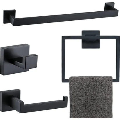 Matte black bathroom hardware set.