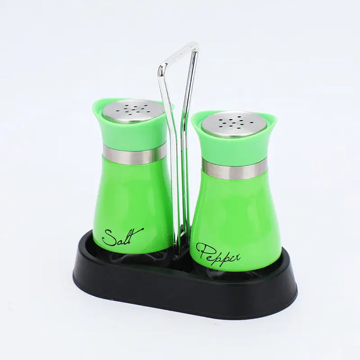 Green salt and pepper shakers with stand for stainless steel salt and pepper bottle display