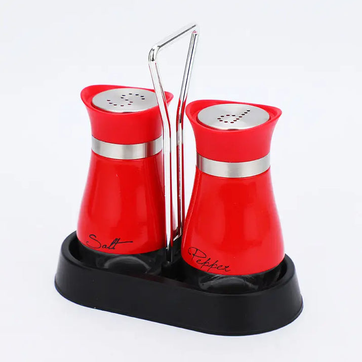 Stainless steel salt and pepper shakers with black base and silver handle in Stainless Steel Salt And Pepper Bottle