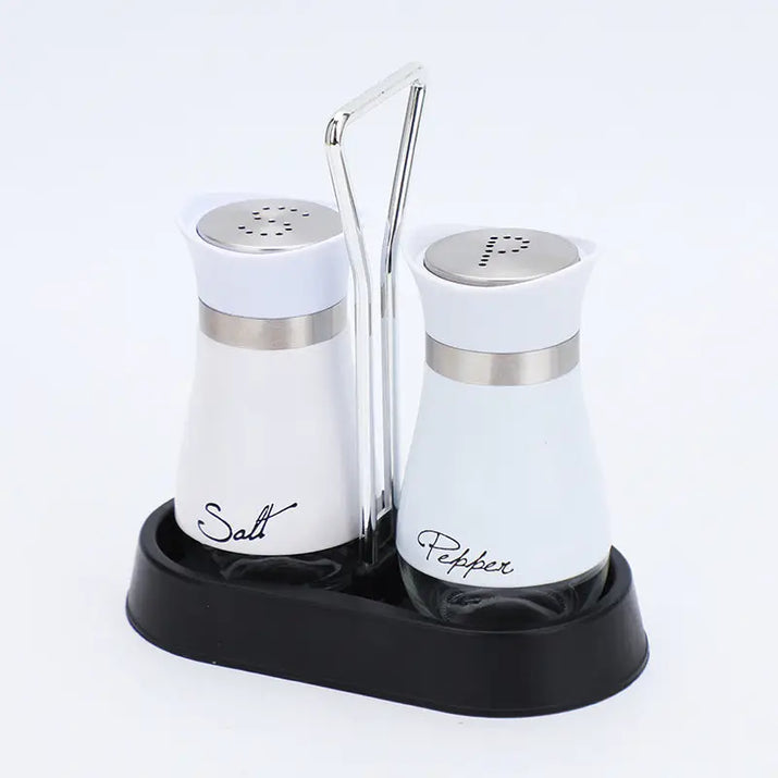 Stainless steel salt and pepper shaker set with black base and silver handle