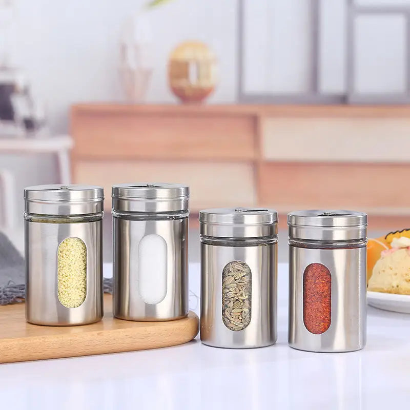 Four stainless steel seasoning jars in a Stainless Steel Seasoning Home Kitchen Set