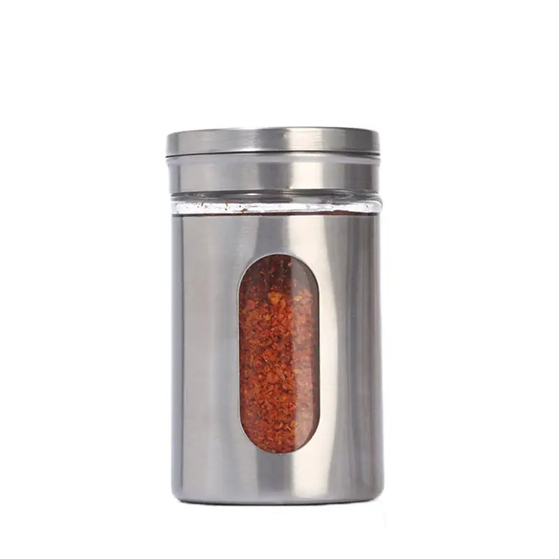 Stainless steel seasoning jar with red pepper flakes in Stainless Steel Seasoning Home Kitchen Set