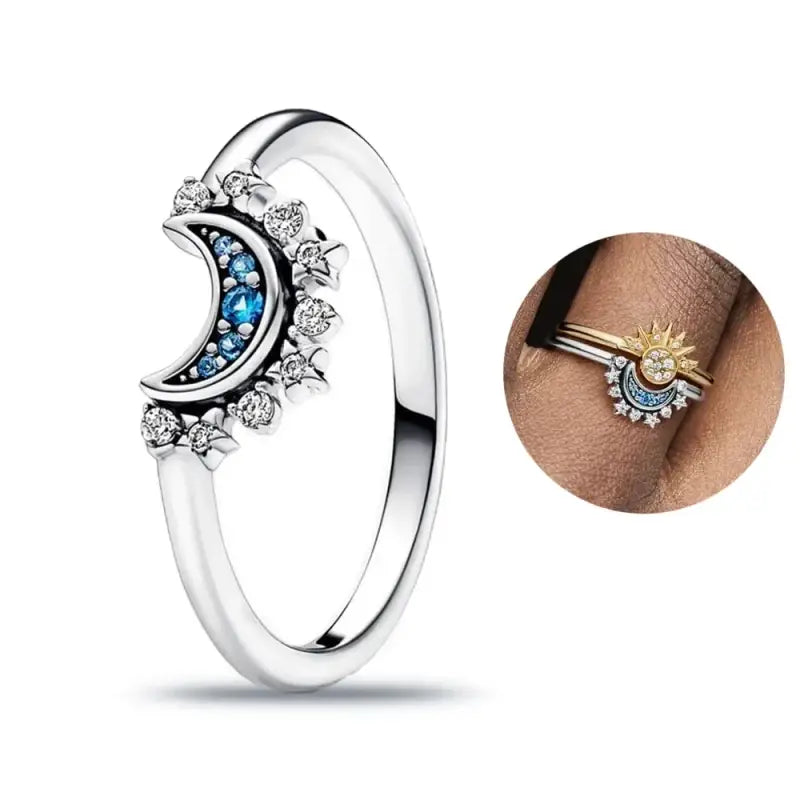 Sterling silver 925 double layer ring with a silver moon and star design