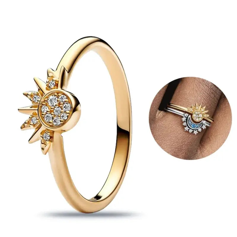 Sterling Silver 925 gold sunburst ring with embedded crystals for elegant jewelry style