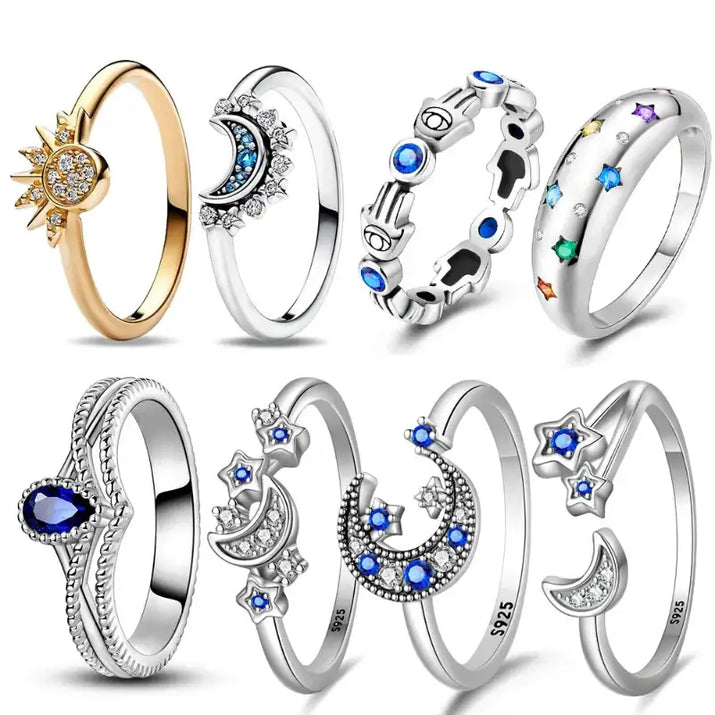 Sterling silver 925 double layer ring with assorted celestial-themed designs