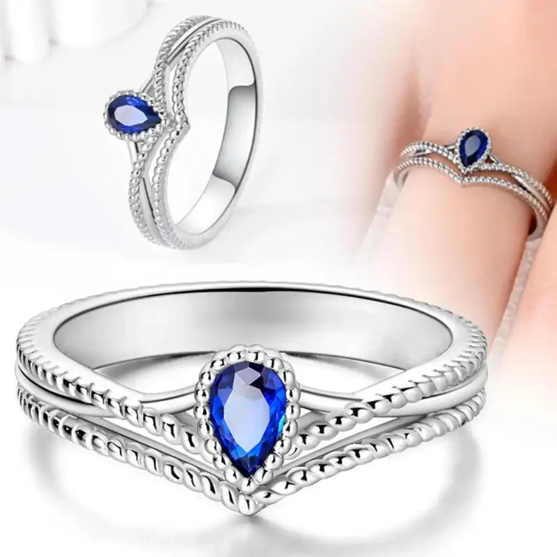 Sterling Silver 925 Double Layer Ring with Blue Teardrop Gem Silicone Jewelry