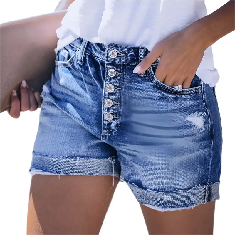 Distressed denim shorts with button fly.