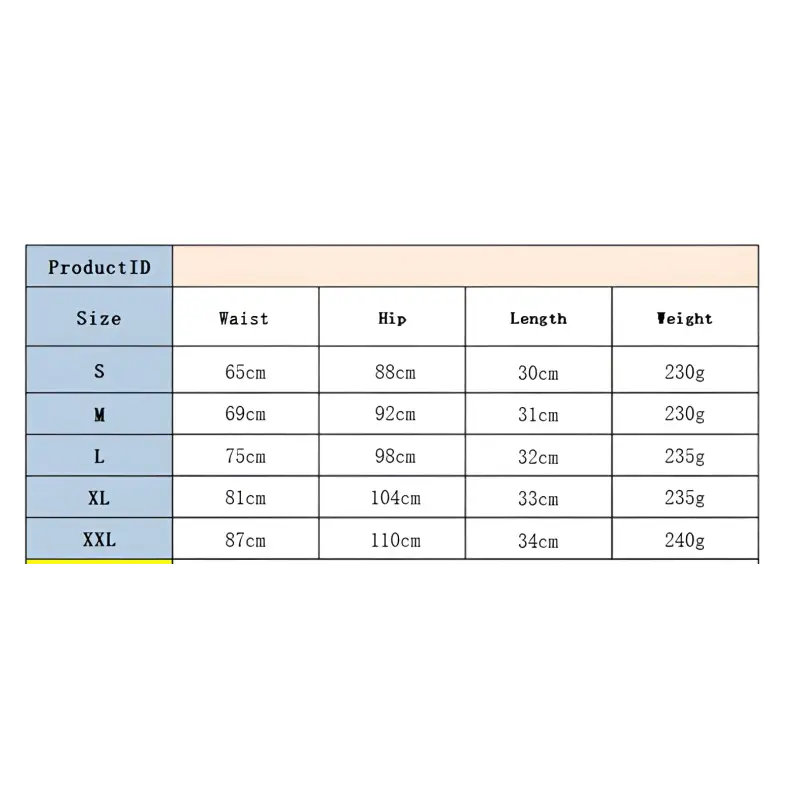 Size chart for clothing.