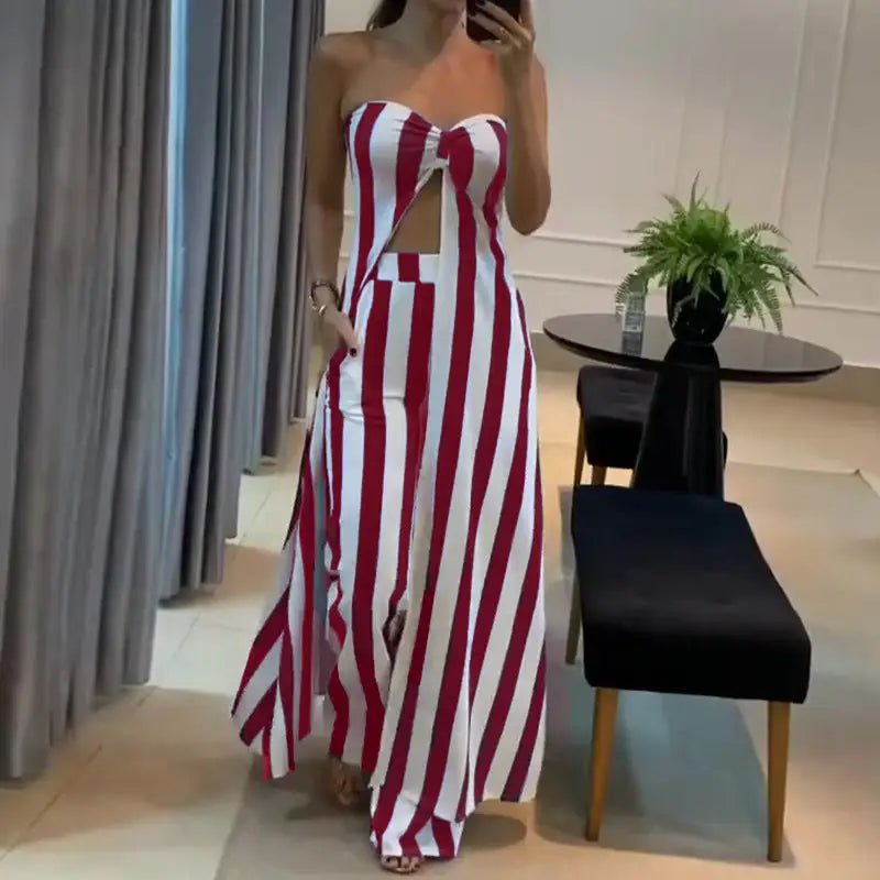 Red and white striped strapless jumpsuit.