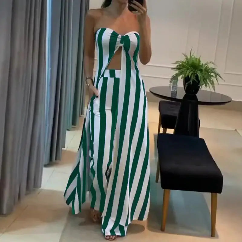 Green and white striped strapless jumpsuit.