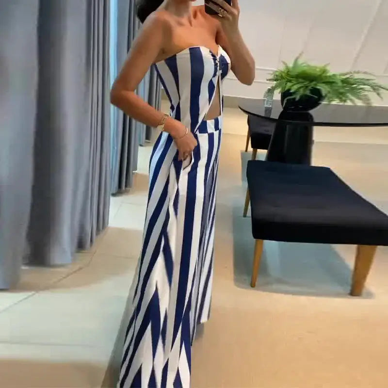 Blue and white striped two-piece outfit.
