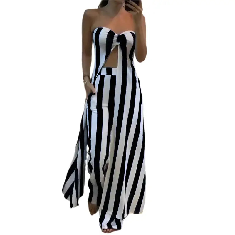 Black and white striped strapless jumpsuit.