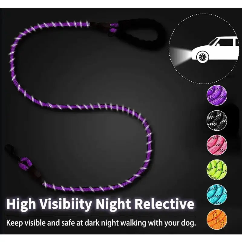 Purple reflective dog leash from Strong Dog Leash, a durable strong dog leash for added safety