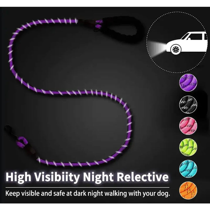 Purple reflective dog leash from Strong Dog Leash, a durable strong dog leash for added safety