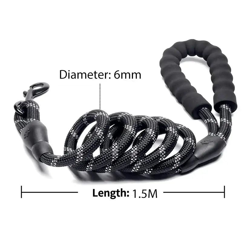 Black and gray rope dog leash with padded handle for strong dog walks