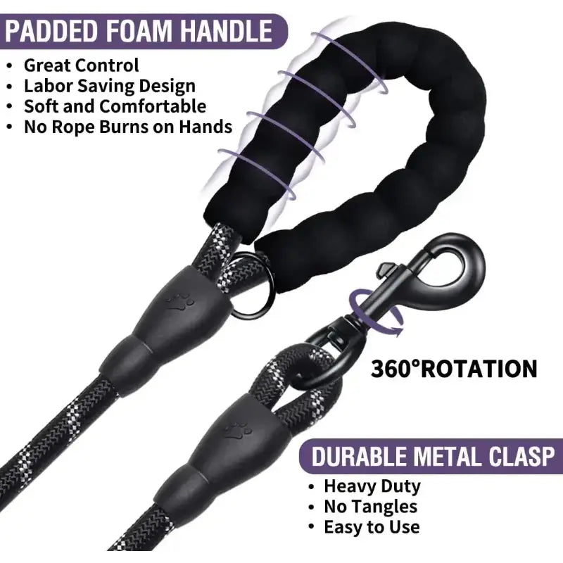 Black and gray strong dog leash with padded handle and rotating metal clasp