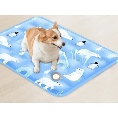 Dog cooling mat with polar bear and penguin design on Summer Ice Pad For Pets
