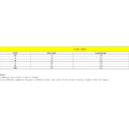 Clothing size chart.