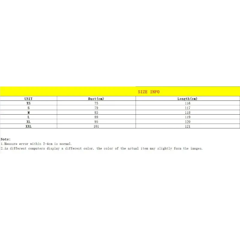 Clothing size chart.