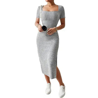Gray ribbed knit midi dress.