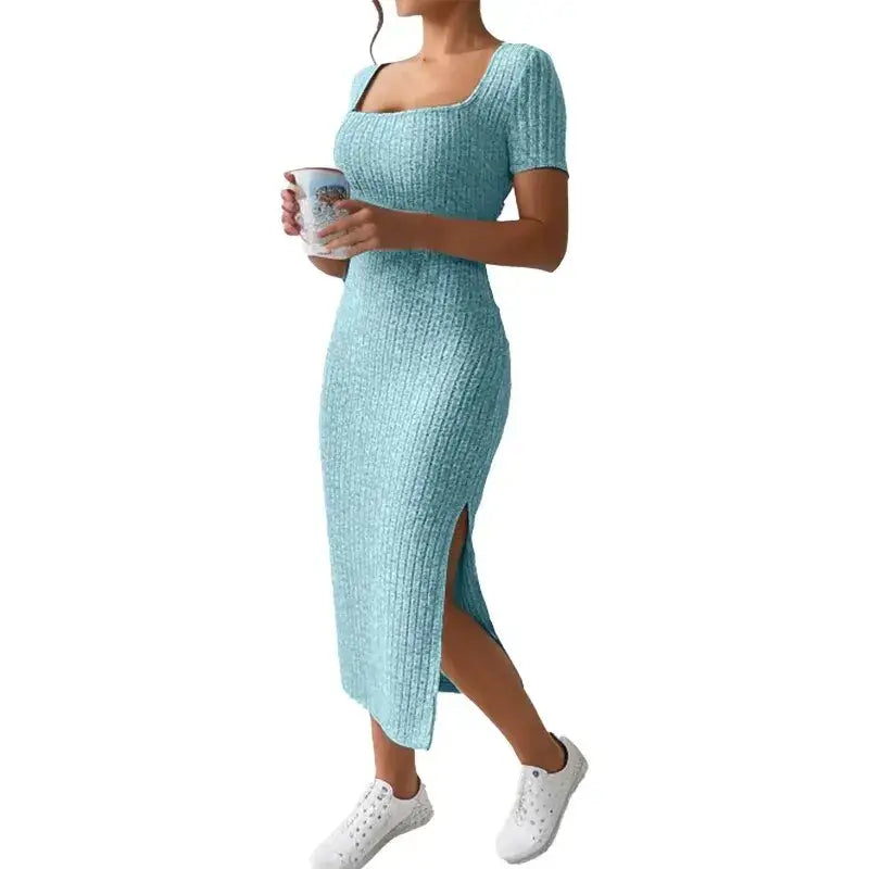Light blue knit midi dress.