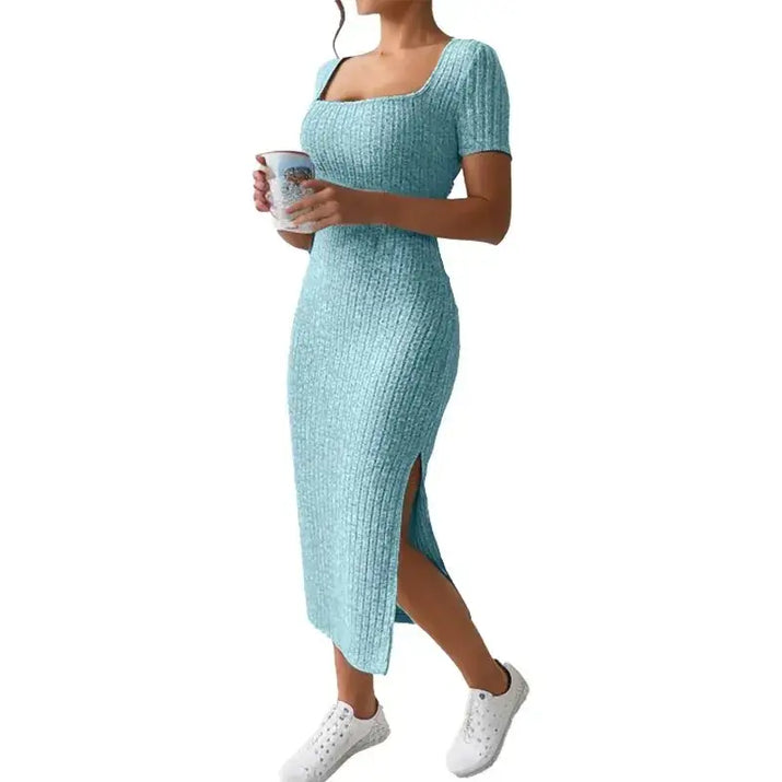 Light blue knit midi dress.