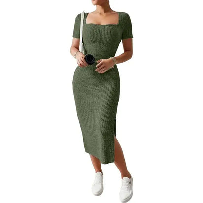 Olive green knit midi dress.
