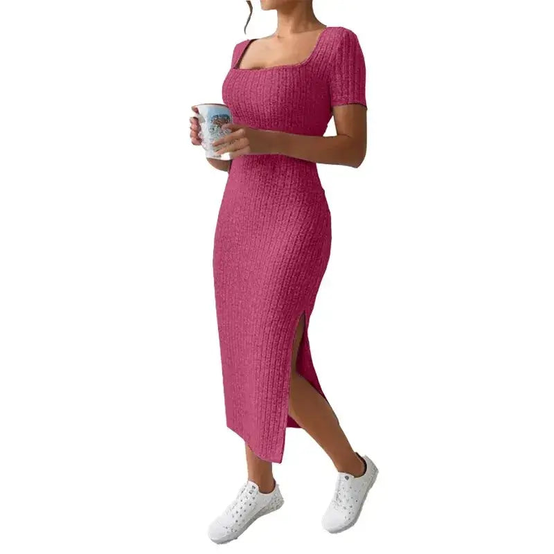 Pink knit midi dress.