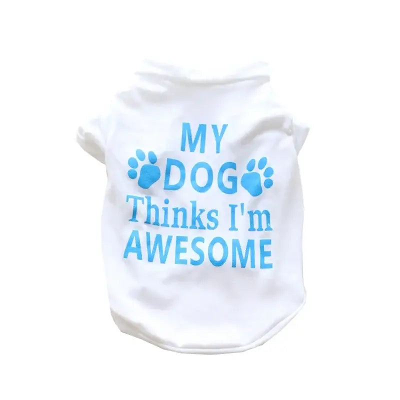 White dog shirt with blue paw prints from Summer Puppy Pet Clothing, designed summer puppy fashion