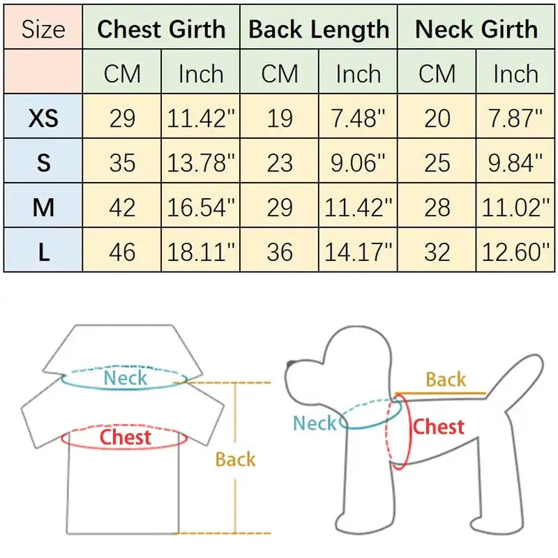 Dog clothing size chart for Summer Puppy Pet Clothing designed summer puppy fashion
