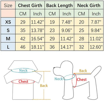 Dog clothing size chart for Summer Puppy Pet Clothing designed summer puppy fashion