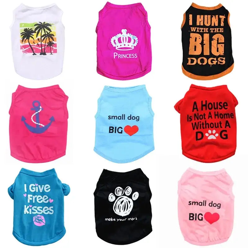 Assorted dog shirts from Summer Puppy Pet Clothing designed for summer puppies