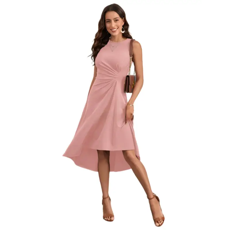 Woman in pink sleeveless dress.