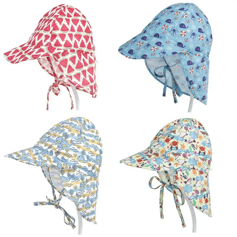 Four patterned summer sun cartoon Panama children’s hats for child’s summer wardrobe