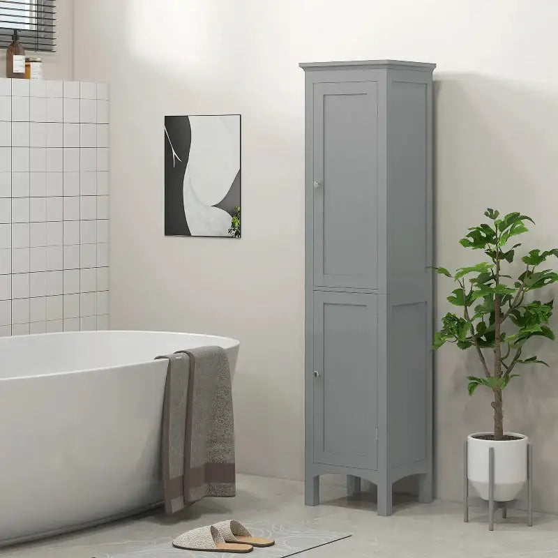 Gray two-door cabinet.