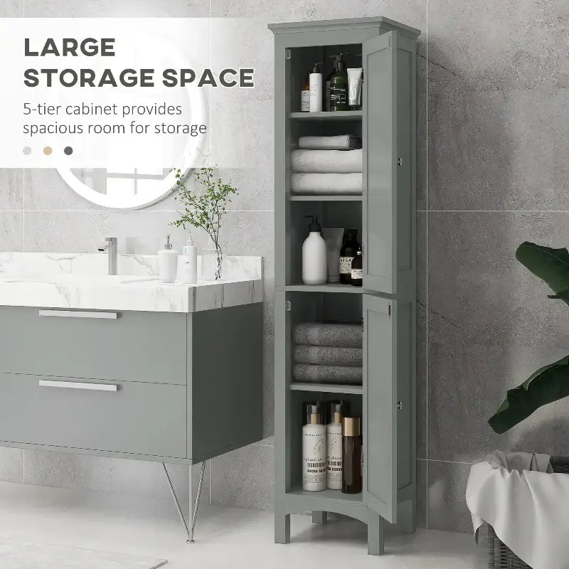 Gray bathroom storage cabinet.