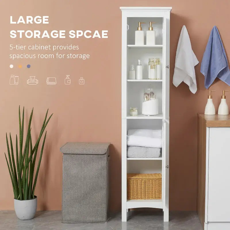 White bathroom storage cabinet.