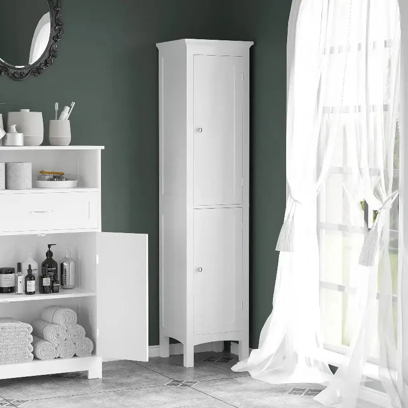 White bathroom storage cabinet.
