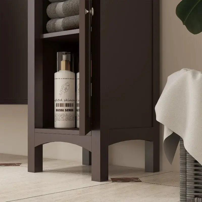 Brown bathroom cabinet.