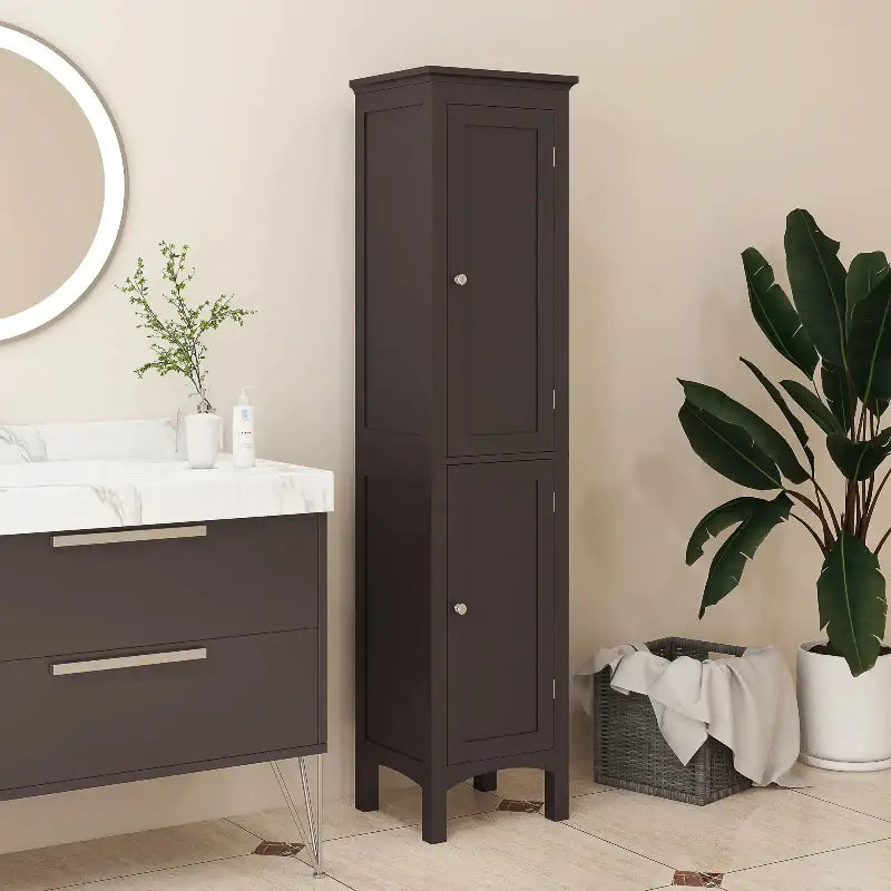 Dark brown bathroom cabinet.