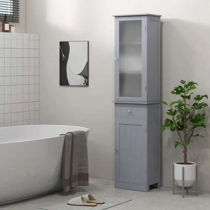 Gray bathroom storage cabinet.