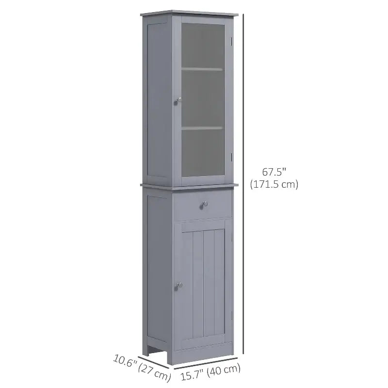 Gray bathroom storage cabinet.