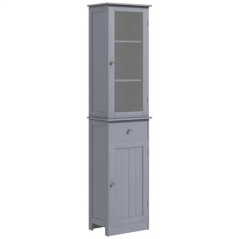 Gray bathroom storage cabinet.