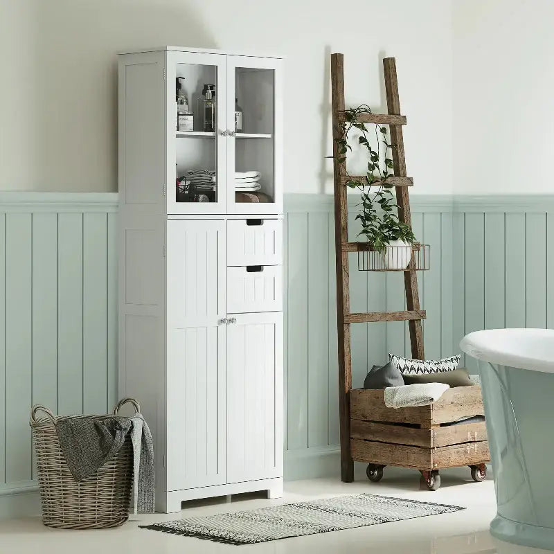 White bathroom storage cabinet.