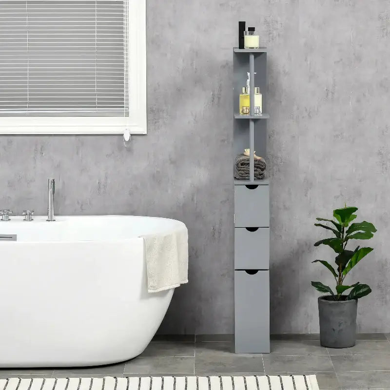 Gray bathroom storage tower.