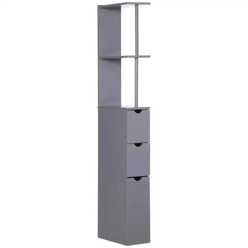 Gray storage tower with shelves and drawers.