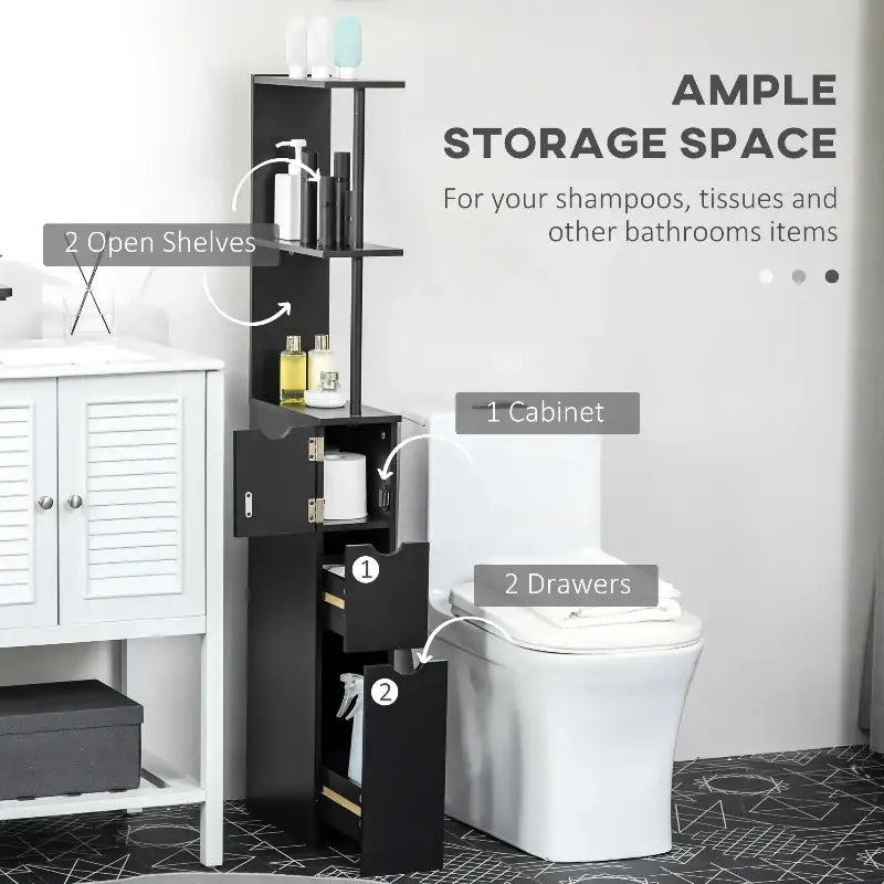 Black bathroom storage tower.