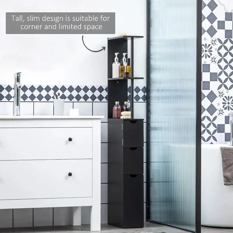 Black bathroom storage tower.