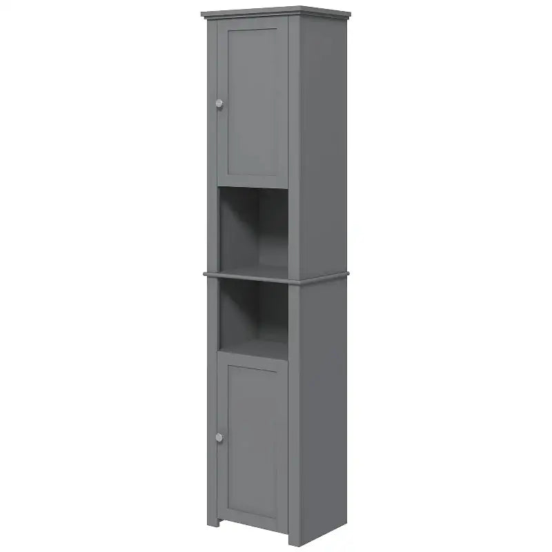 Gray bathroom storage cabinet.