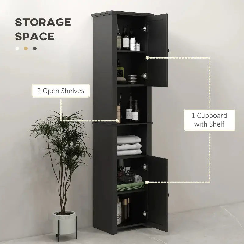 Tall dark storage cabinet with open shelves and cupboards.